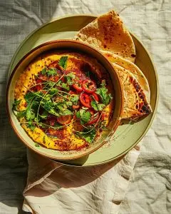 A shallow bowl of Trinidadian pumpkin choka topped with fresh herbs, served with folded sada roti on a pale cloth background, photographed in natural light.