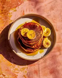 A stack of golden Jamaican banana fritter pancakes topped with banana slices and honey, placed on a ceramic plate on a coral-pink background in bright natural light.